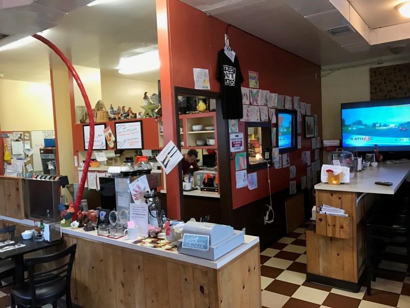 Interior of the Screamin' Chicken looking toward the kitchen and checkout area.