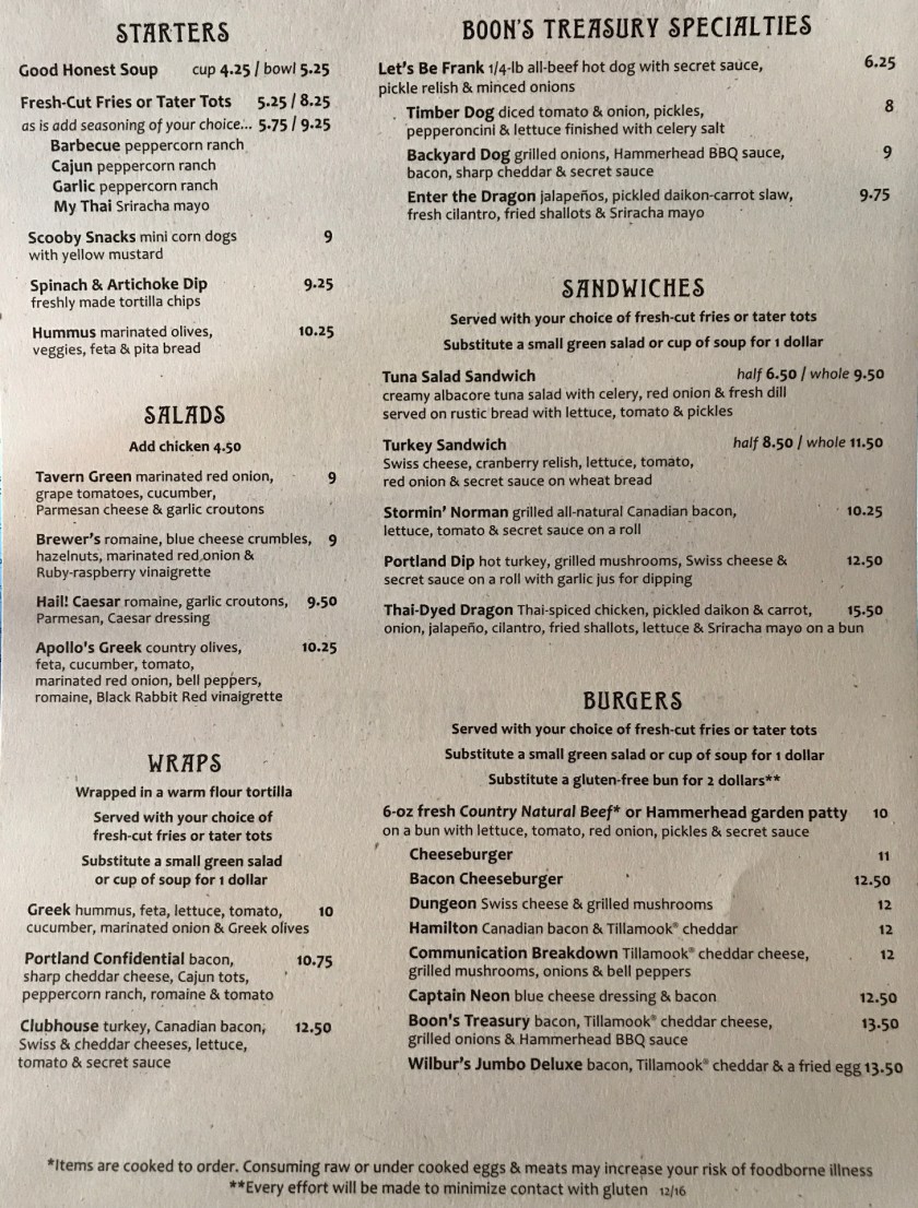 Boon's Treausry menu