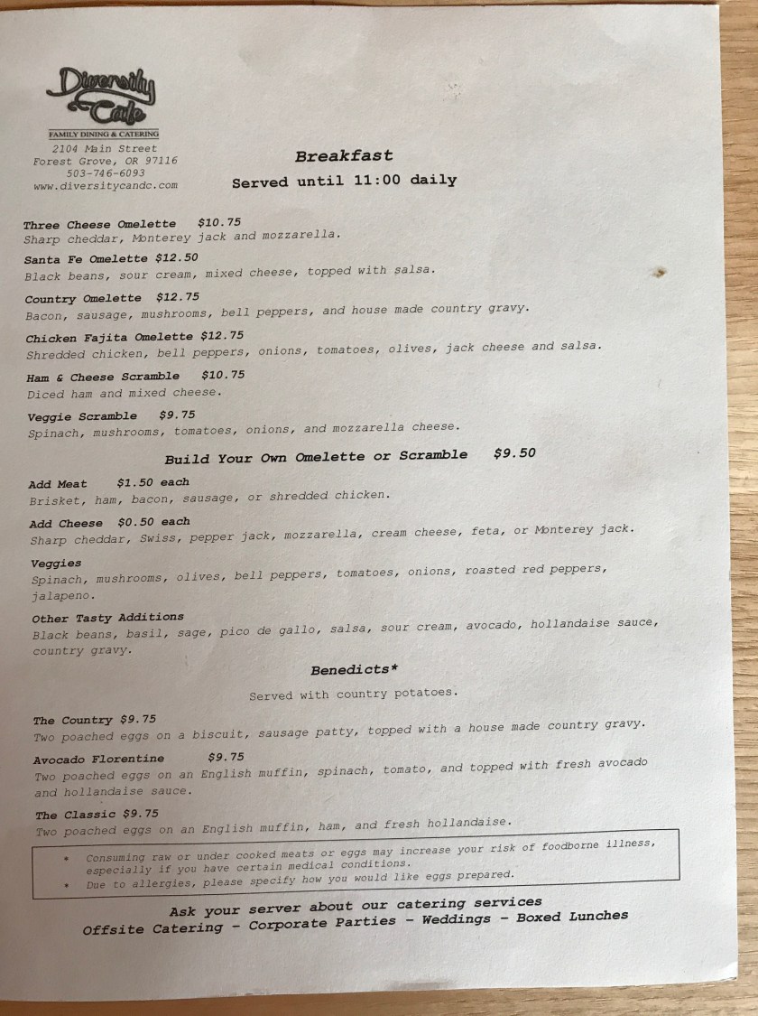Menu from Diversity Cafe - Lots of selections