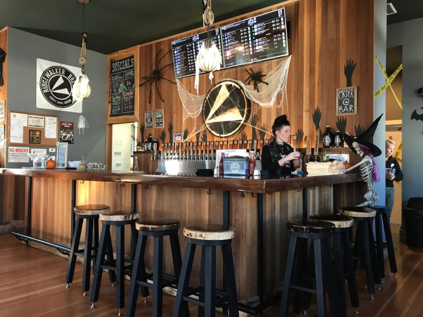 The bar area is where food orders are placed and is decorated for halloween