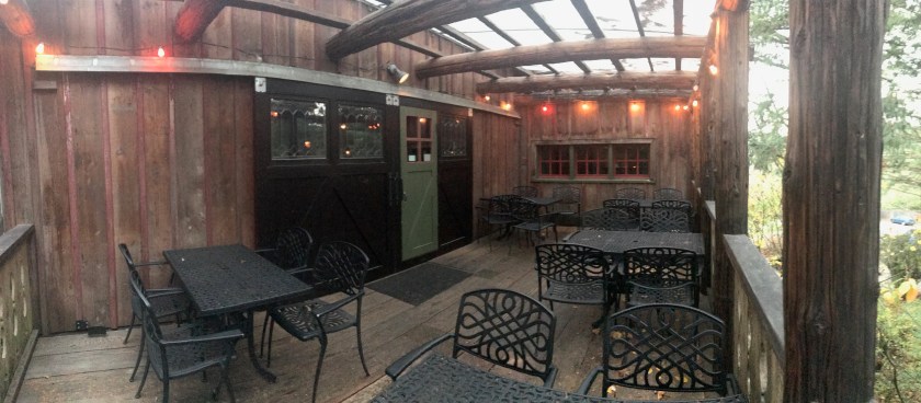 The outside seating area is covered and nicely lit