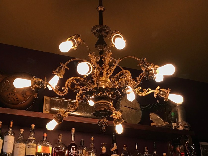 The chandelier above the bar at Gem I fantastic and matches the decor and design scheme perfectly