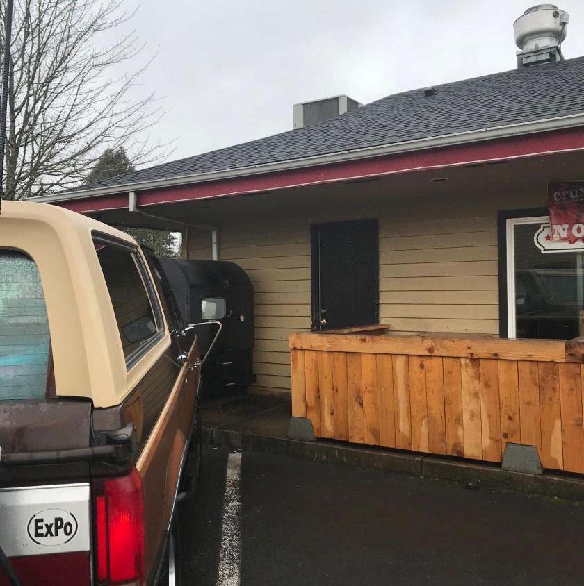 In this picture you can see HeyWillamette Bronco and a small glimpse of the smoker used at Bert’s